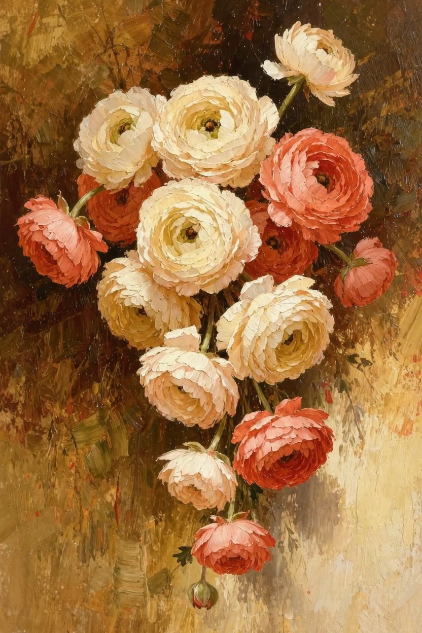 Oil painting of white and coral ranunculus flowers in a loose cascading bouquet against a textured warm background.