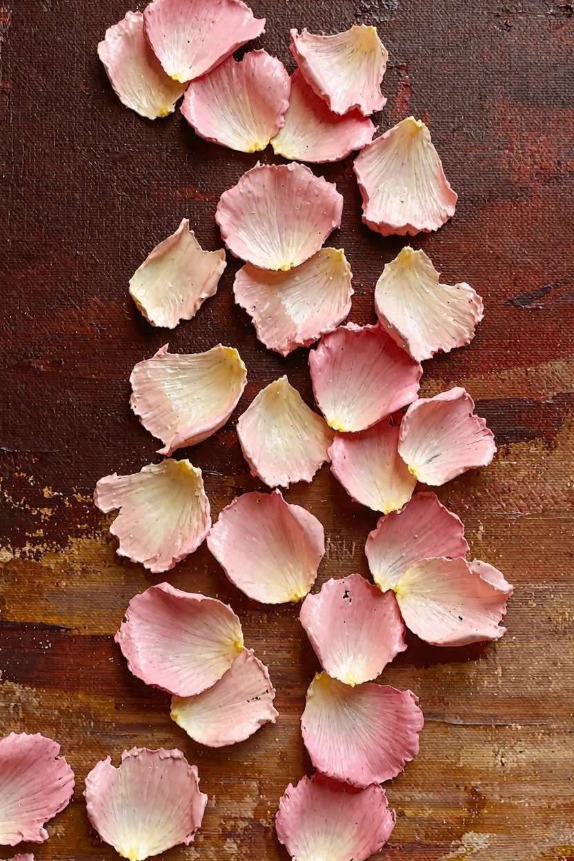 Scattered pink rose petals with pale edges arranged diagonally on a textured reddish-brown background.