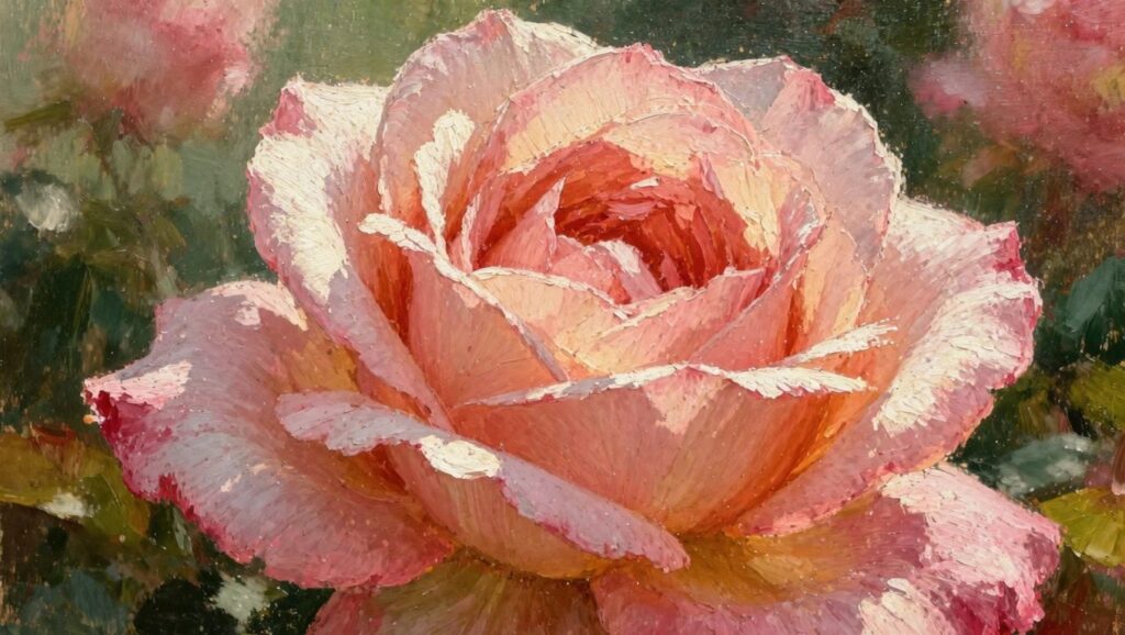 Oil painting of a prominent pink rose with detailed textured petals and stem, green leaves, and blurred background pink roses.