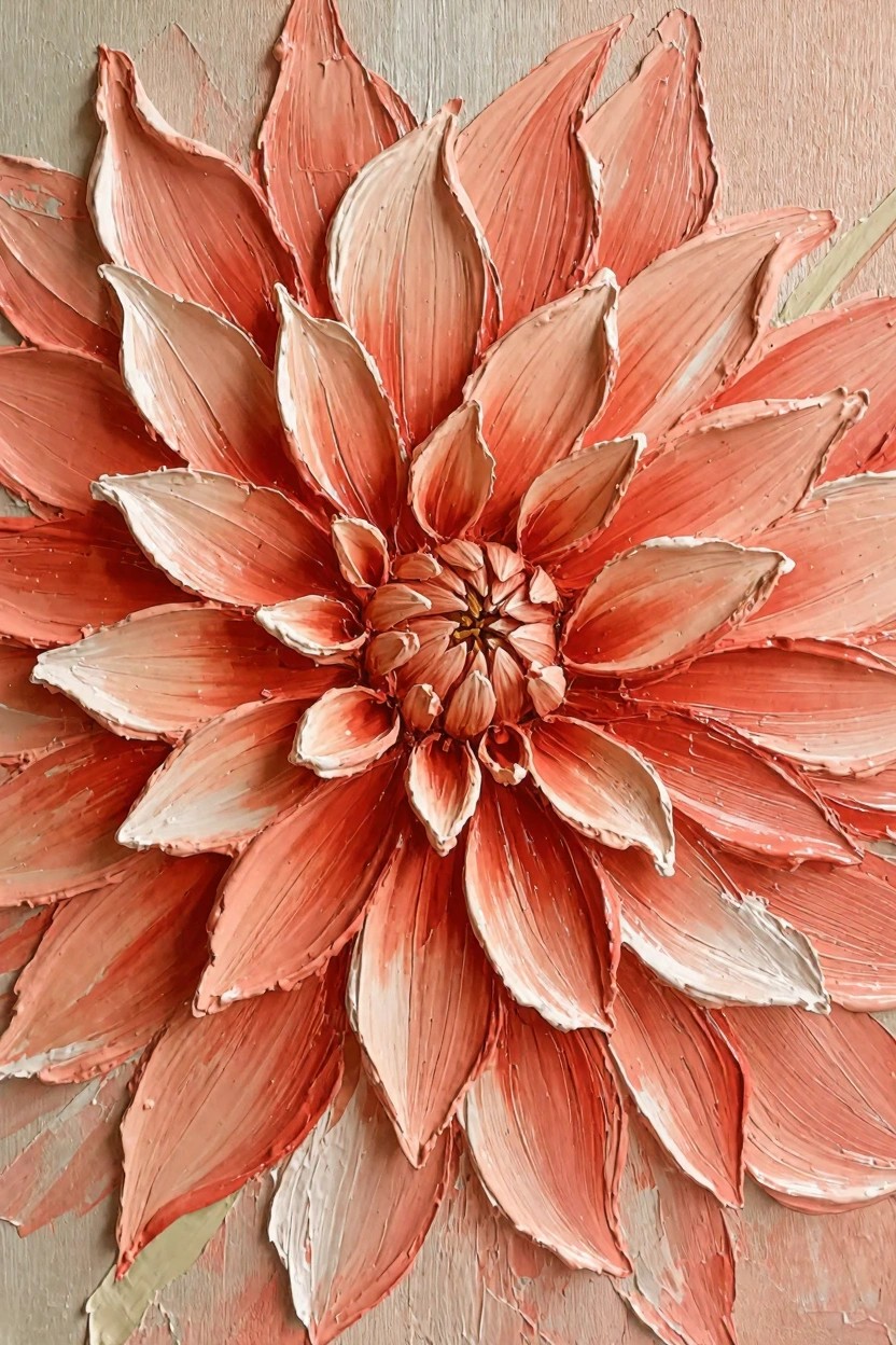 Close-up oil painting of a peach and cream dahlia flower with thick impasto textured petals on a beige background.