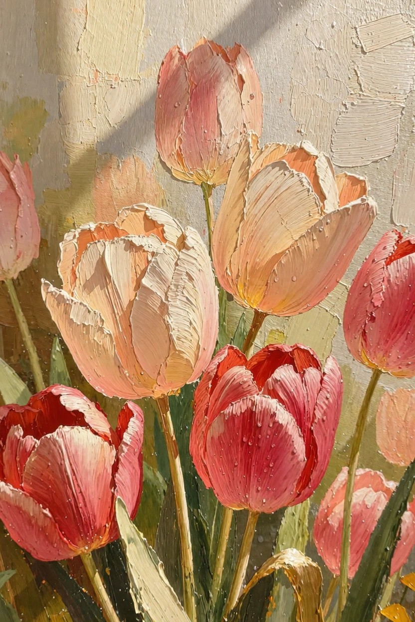 Oil painting of clustered pink and peach tulips with textured impasto petals and stems against a sunlit beige wall.