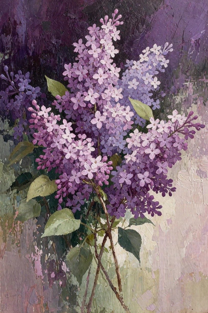 Oil painting of clustered purple lilac flowers with green leaves on woody stems against a textured purple and beige background.