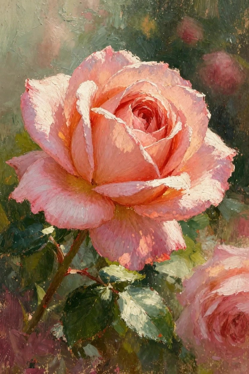 Oil painting of a prominent pink rose with detailed textured petals and stem, green leaves, and blurred background pink roses.