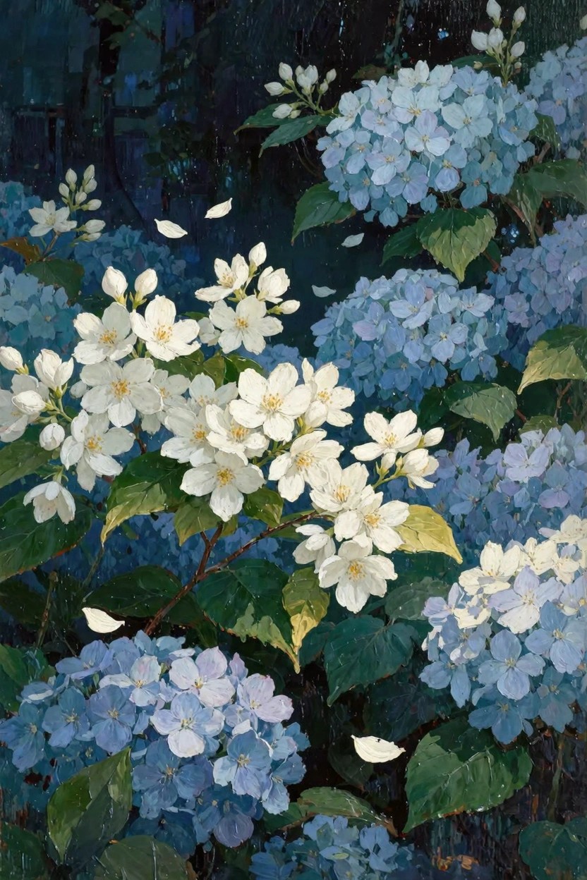 Oil painting of blue hydrangea clusters and white mock orange blossoms with green leaves against a dark wet nighttime background and falling petals.