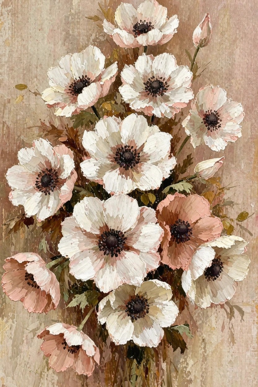 Oil painting of white and pink anemones with black centers clustered against a textured beige background.