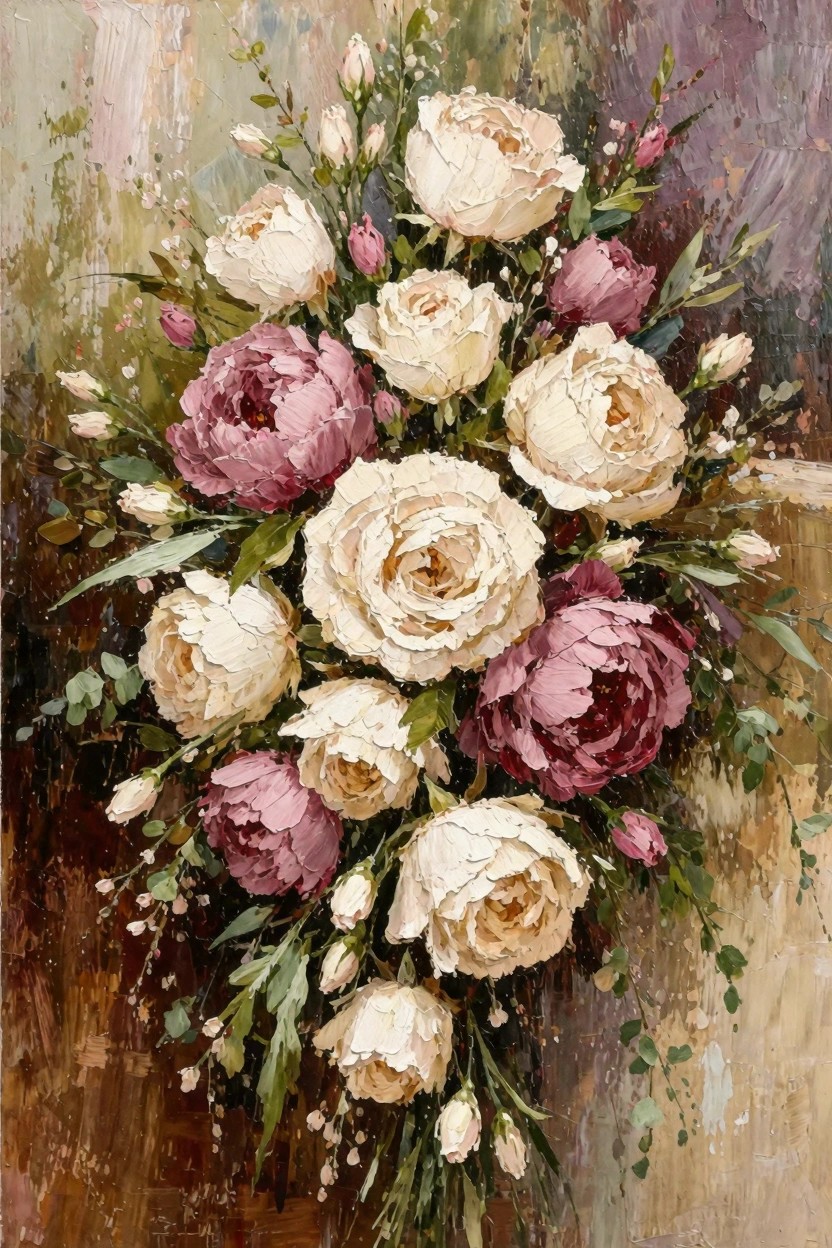 Oil painting of a bouquet with white roses, pink peonies, buds, and green leaves against a textured greenish-brown background.