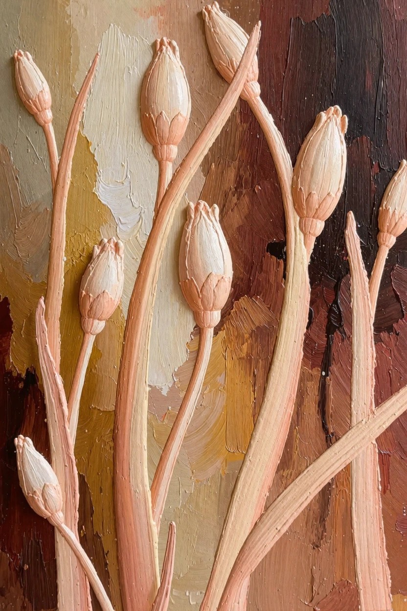 Oil painting featuring a cluster of pale tulip buds on curving stems rendered in thick impasto against a blended warm beige and brown background.