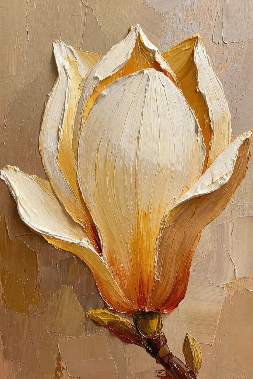 Oil painting of a large magnolia flower in white and yellow with thick impasto petals on a textured beige background.