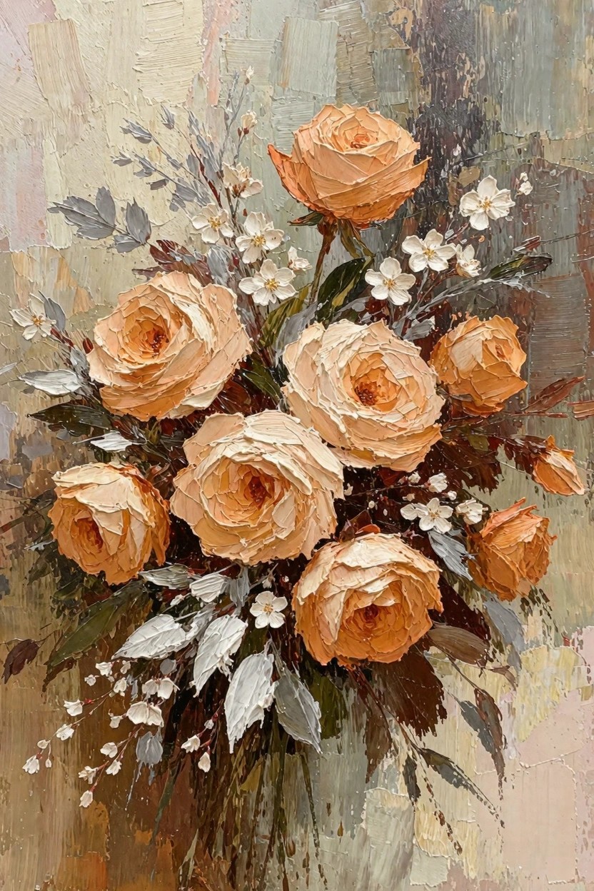 Oil painting of peach roses mixed with white flowers and leaves against a textured gray-beige background.