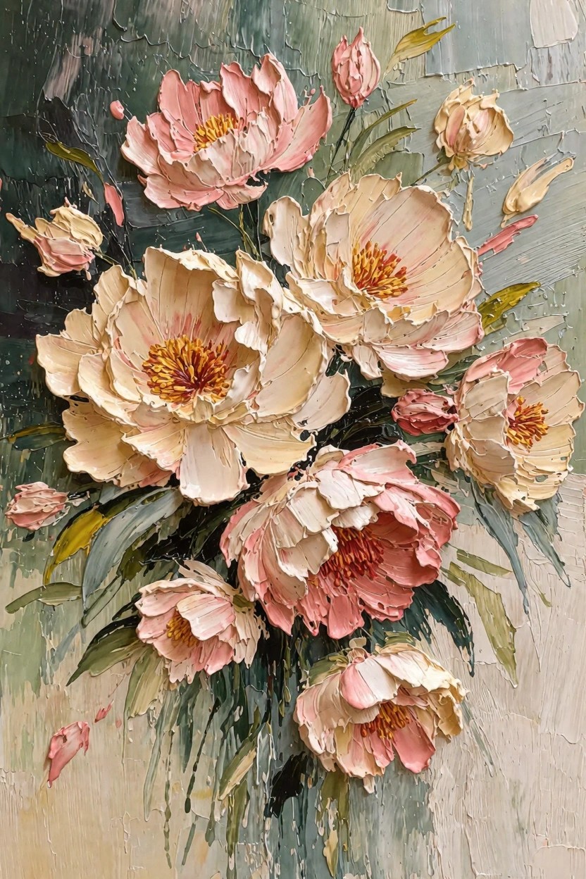 Oil painting of clustered peonies in cream, pink, and white with yellow centers, textured impasto strokes, green leaves, and mottled green-beige background.