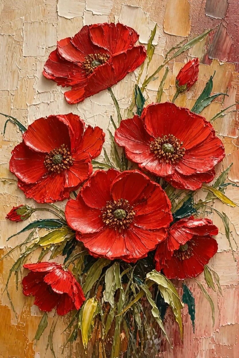 Oil painting of clustered red poppies with thick impasto texture, stems, leaves, and buds on a beige textured background.