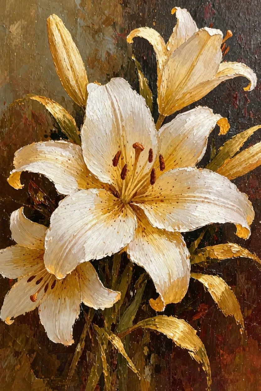 Oil painting of white lilies with golden edges and buds against a dark textured background.
