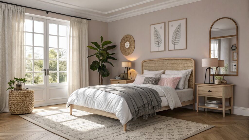 Bedroom with soft greige walls, rattan headboard bed, wood dressers, potted plants, and large window overlooking greenery