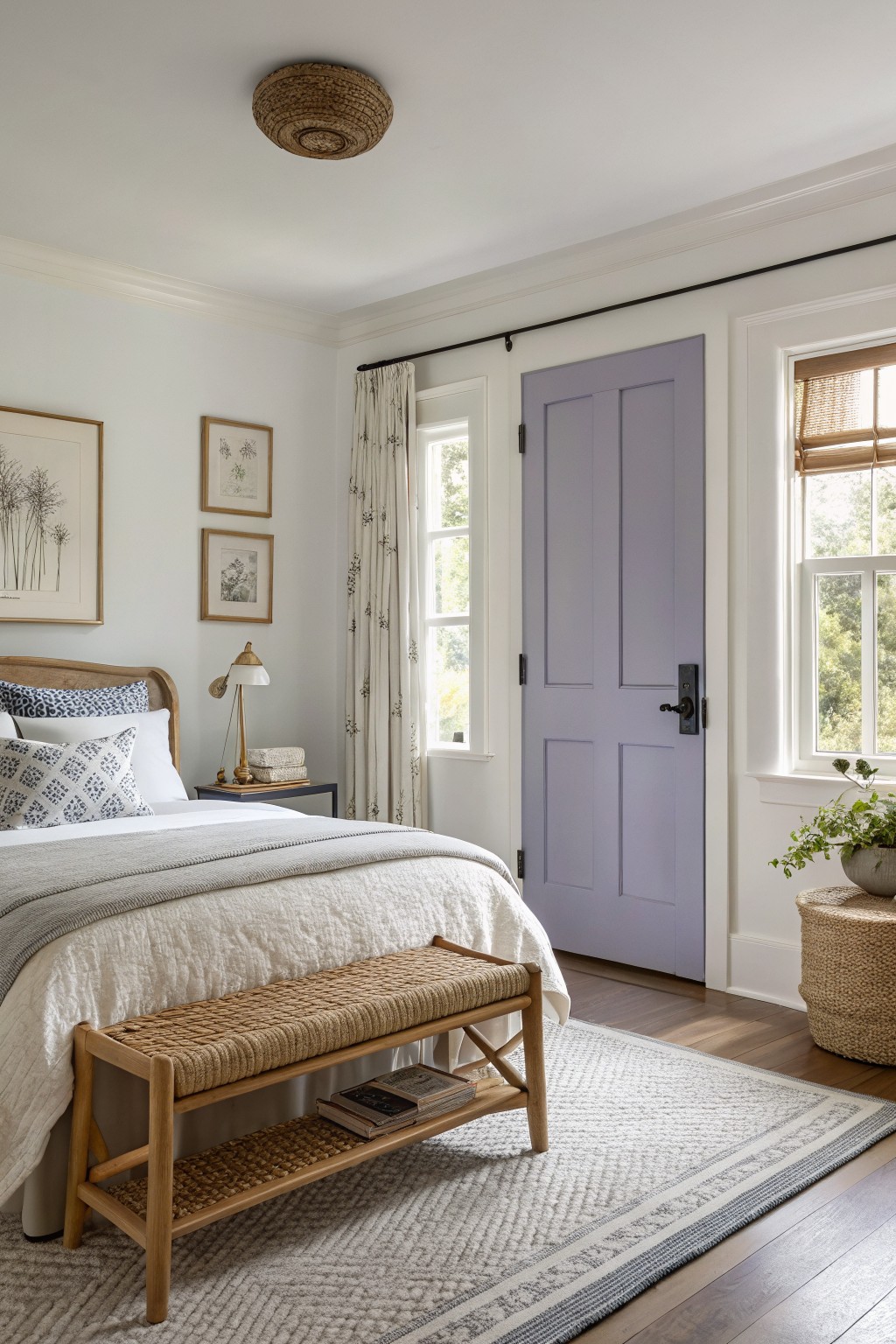 Bedroom with white walls, wood bed, rattan bench, and standout pale lavender door opening to outdoors