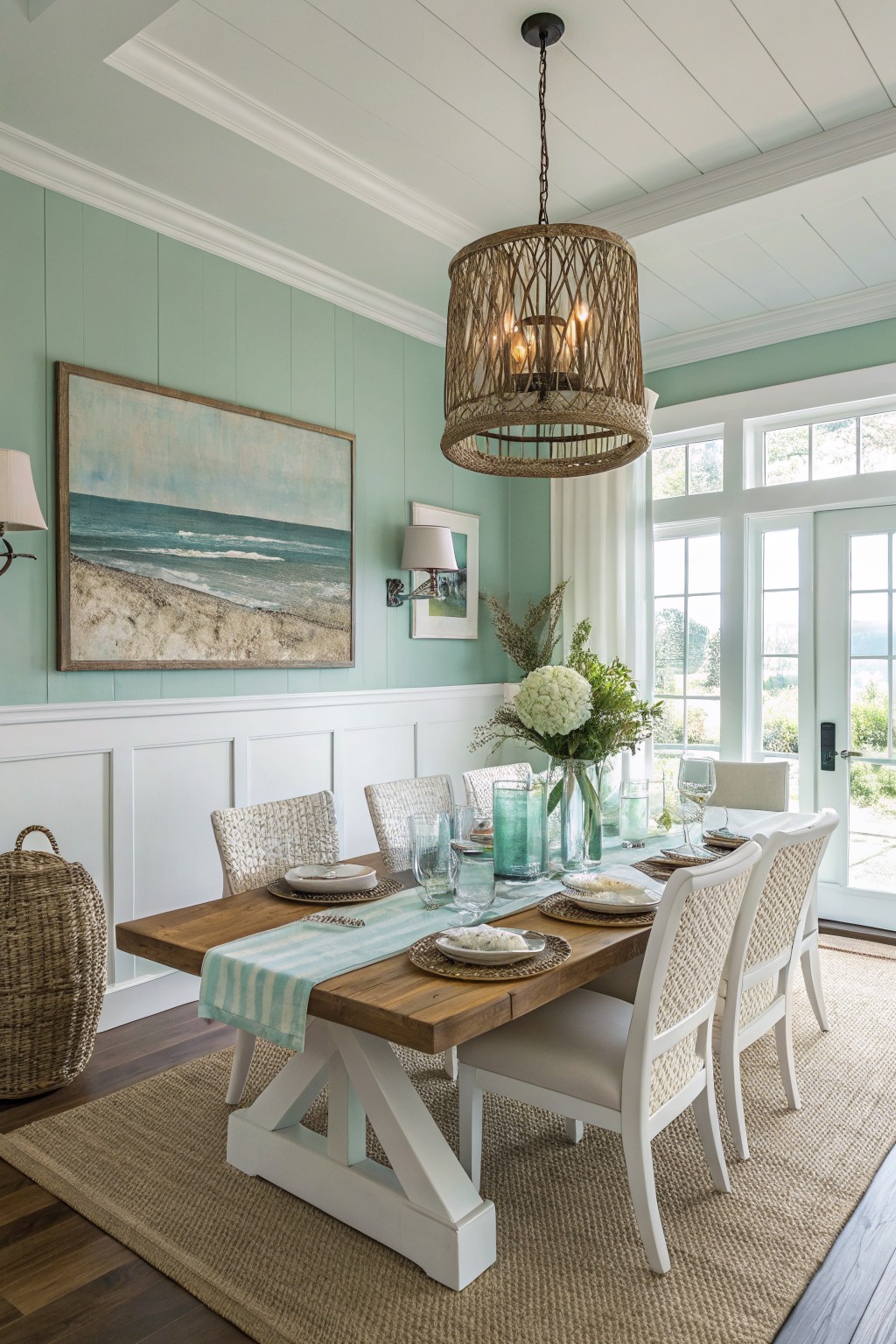 Dining room with pale mint green walls, white shiplap trim, wooden farmhouse table, rattan chandelier, and large windows
