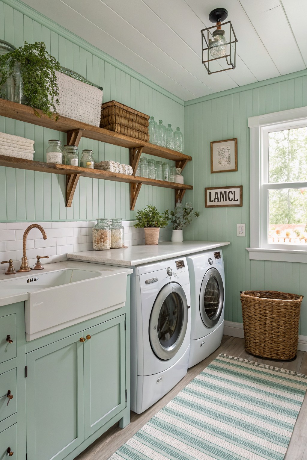 Laundry room with pale sage green shiplap walls, wood shelves holding jars and baskets, white farmhouse sink, washer dryer set, and striped rug
