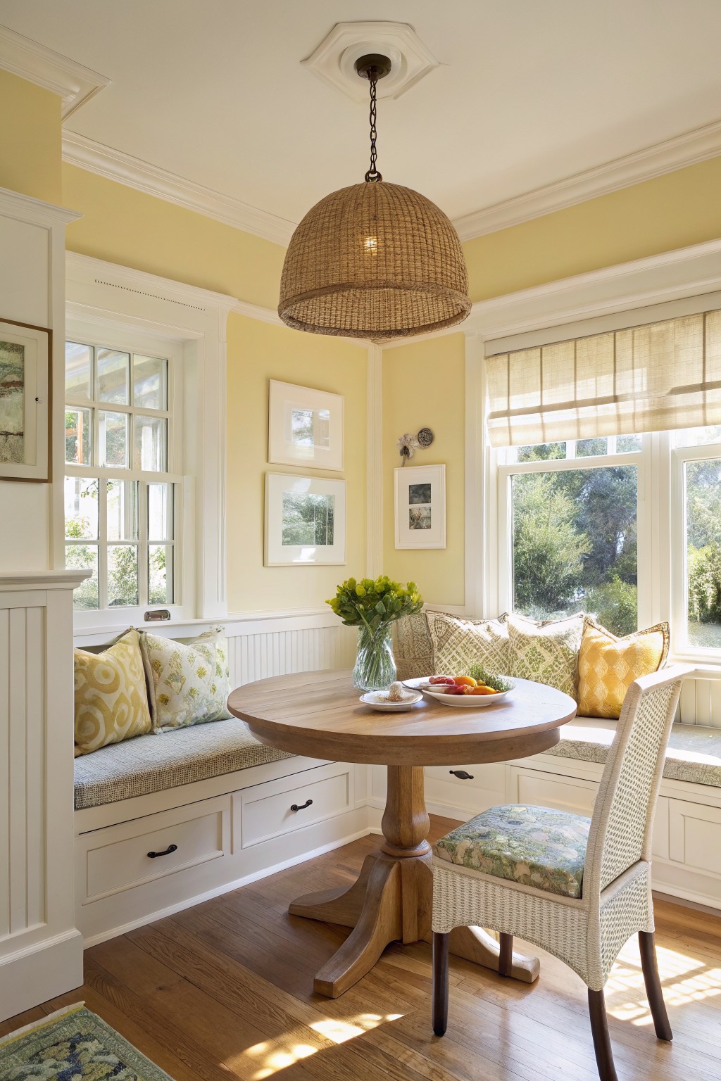 Breakfast nook with pale yellow walls, white wainscoting, built-in bench cushions, round wood table, and wicker chairs by large sunny windows