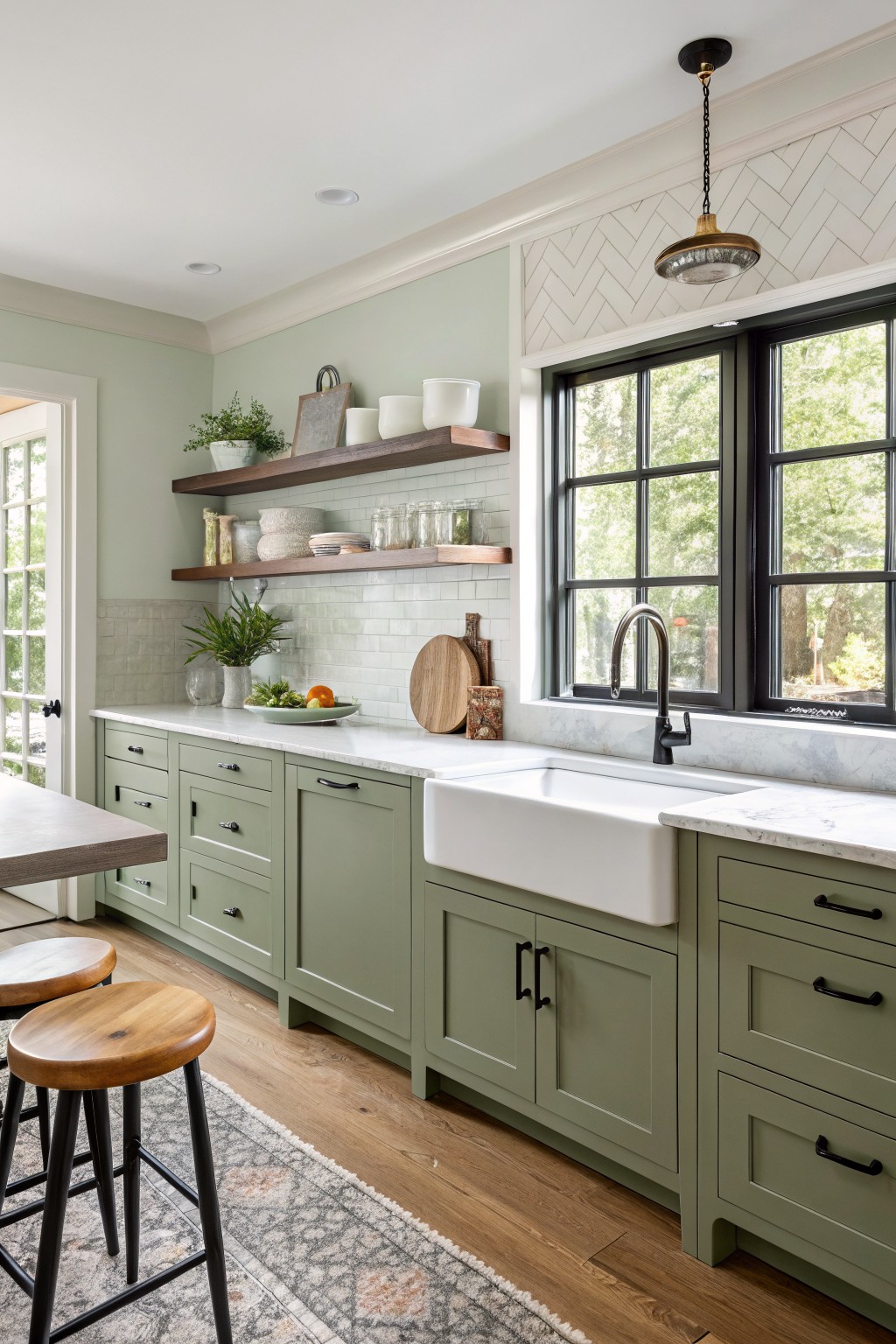 Cozy kitchen featuring sage green lower cabinets, white farmhouse sink, marble countertops, black window frames, wooden bar stools, and open wood shelves with plants