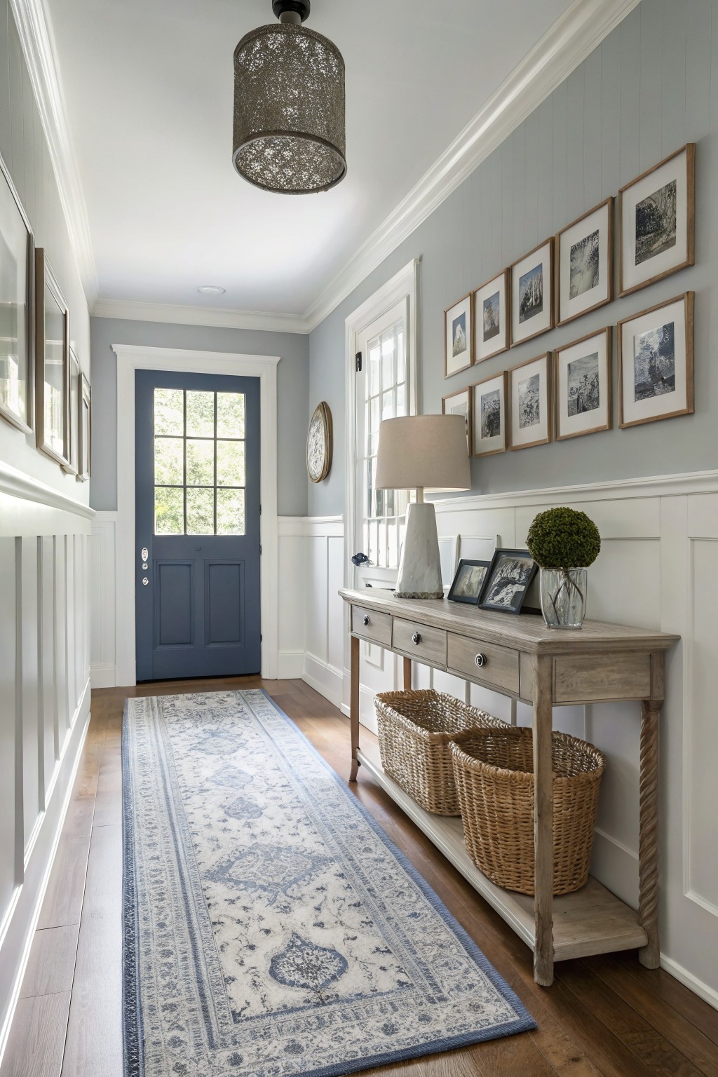 Light blue-gray walls in a hallway with navy door, white wainscoting, and wood floors