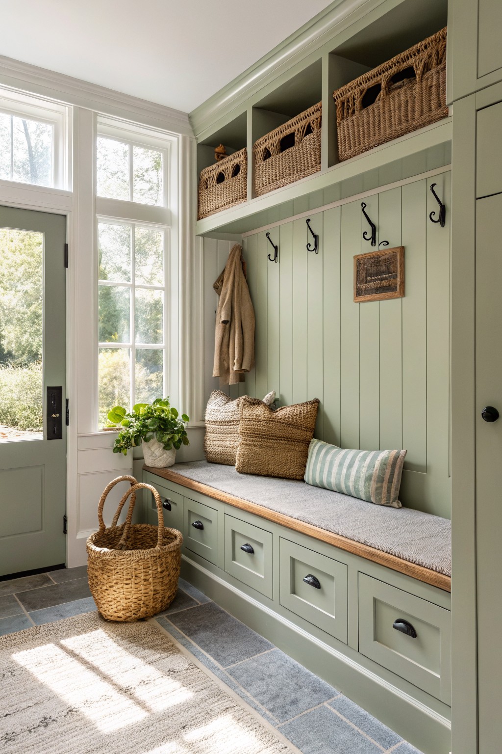 Mudroom with soft sage green paneled walls and cabinets, built-in bench, coat hooks, wicker baskets, and potted plant near window