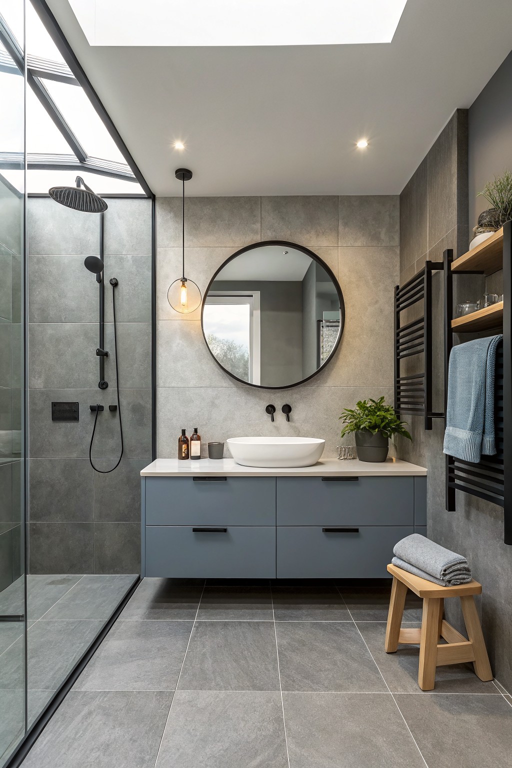 Modern bathroom featuring warm midtone gray walls, navy cabinets, round mirror, and skylight