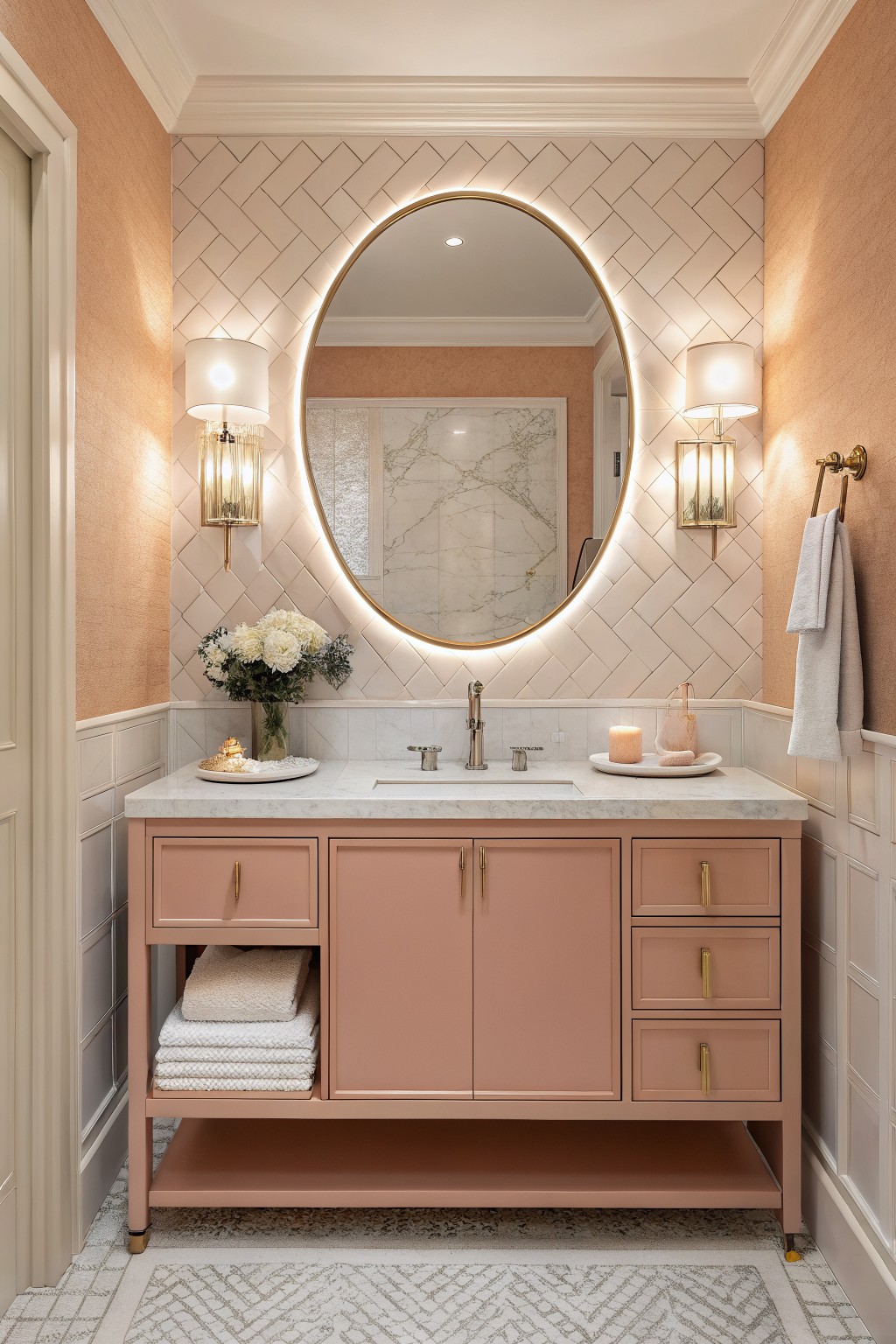 Elegant powder room vanity painted in soft warm peach with gold pulls, white marble top, round backlit mirror, and herringbone tile floor