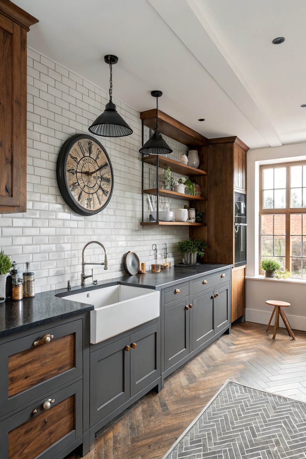 Kitchen with deep charcoal painted lower cabinets, warm wood uppers and accents, white subway tile backsplash, black counters, farmhouse sink, and herringbone floor.
