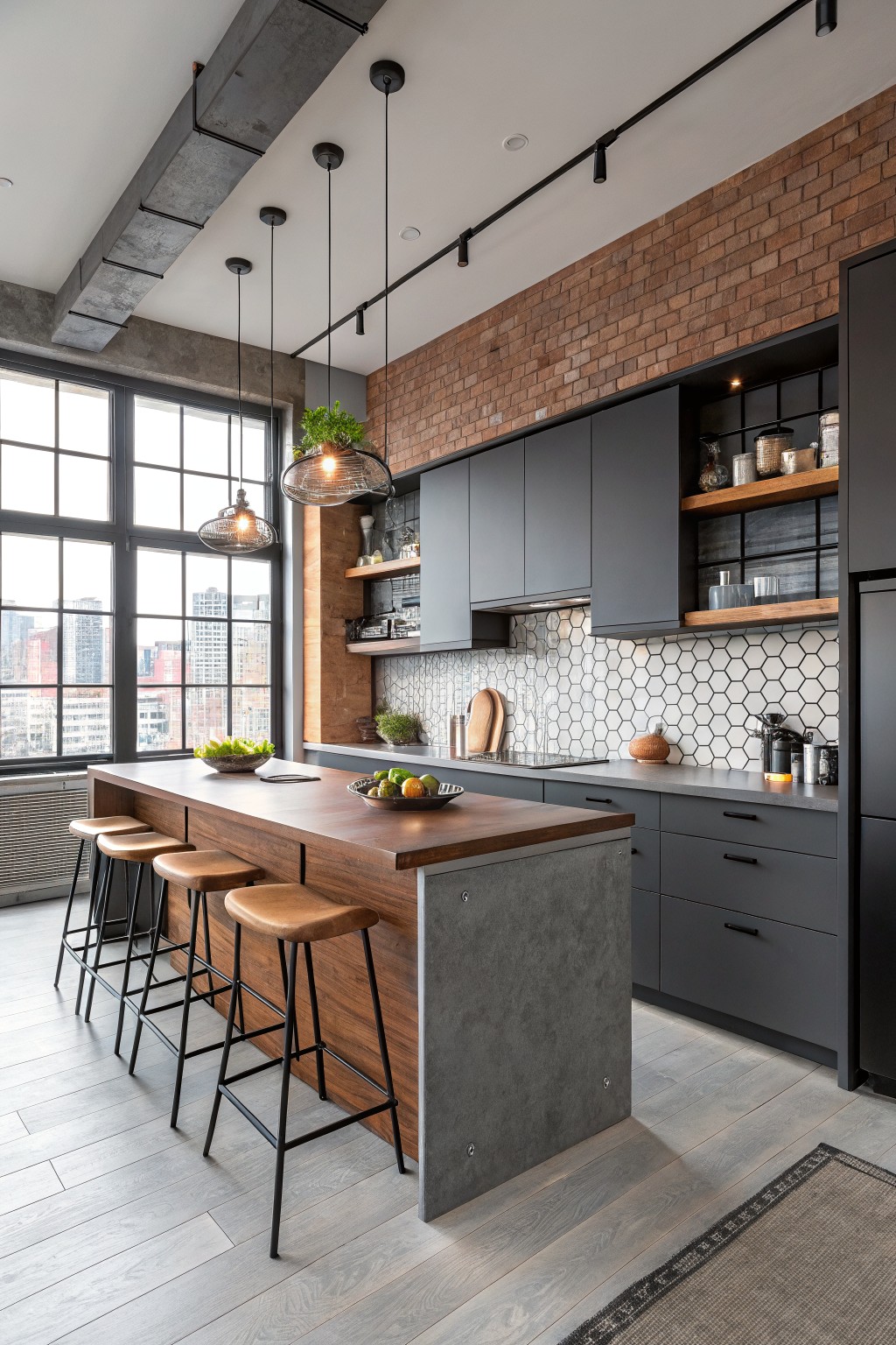 Modern loft kitchen featuring deep charcoal gray matte cabinets, wood-topped island with stools, exposed brick wall, hexagonal white tile backsplash, and large windows overlooking cityscape