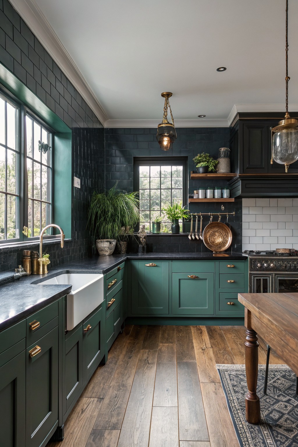 Kitchen with deep green shaker-style cabinets, black subway tile walls, brass hardware, white farmhouse sink, and wooden dining table