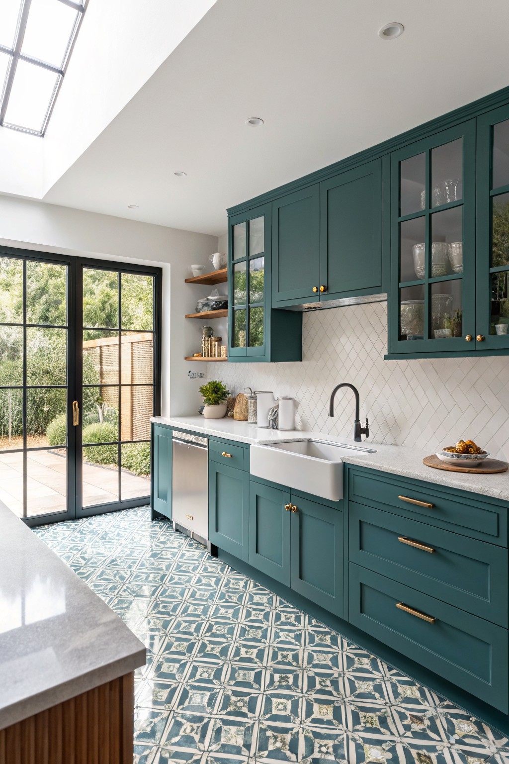 Kitchen with deep green cabinets, white subway tile backsplash, brass hardware, farmhouse sink, and patterned floor tile opening to garden through glass doors