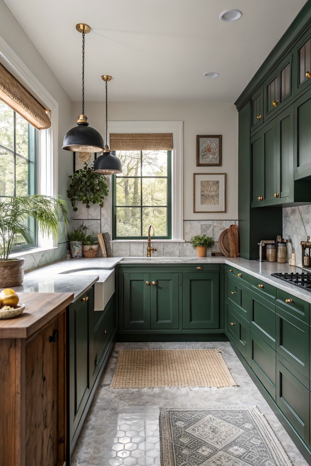 U-shaped kitchen featuring deep hunter green cabinets with brass hardware, white quartz counters, wood island, and plants near large green-framed windows