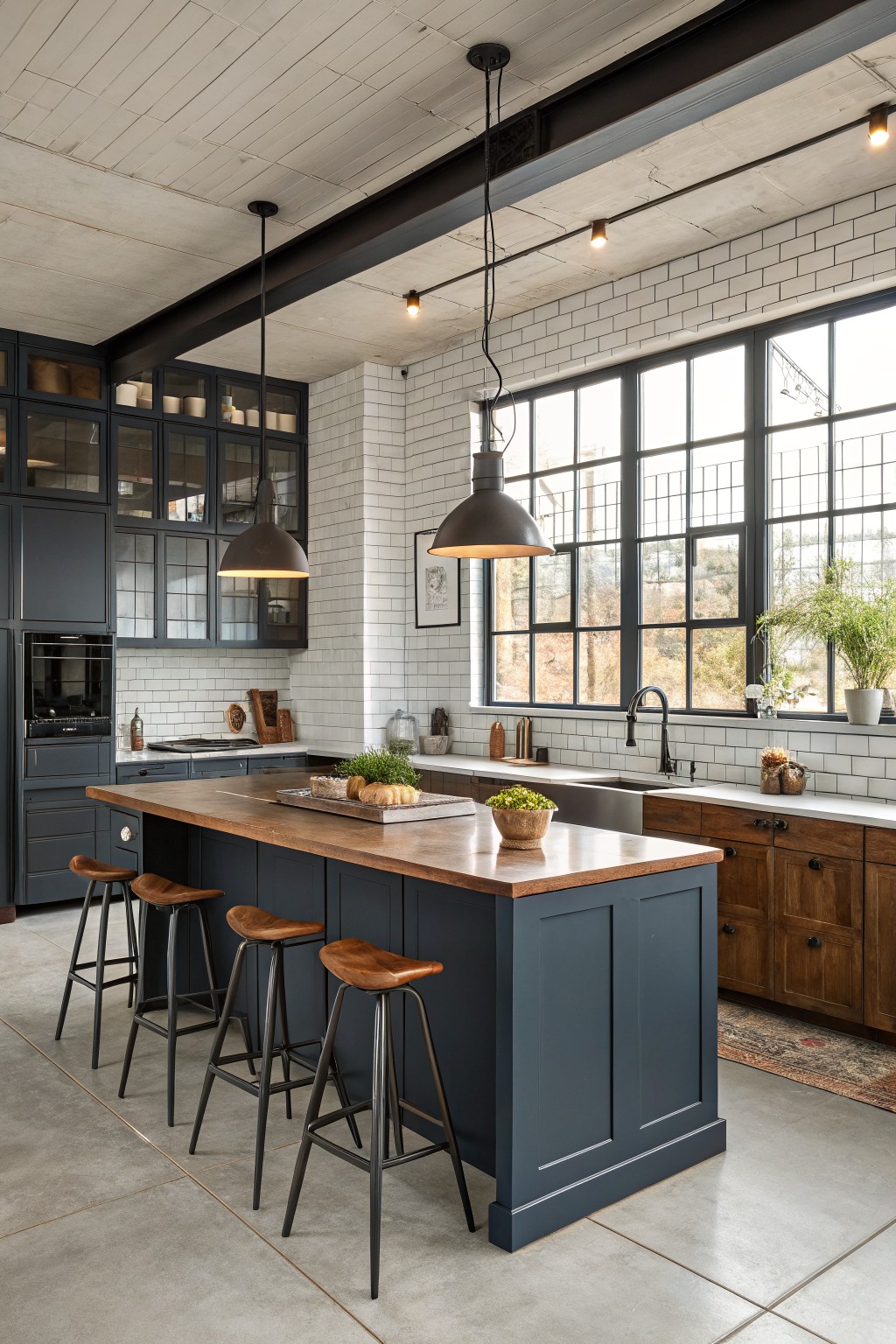 Modern kitchen with deep navy cabinets, wood-topped island, white subway tile, and industrial lighting