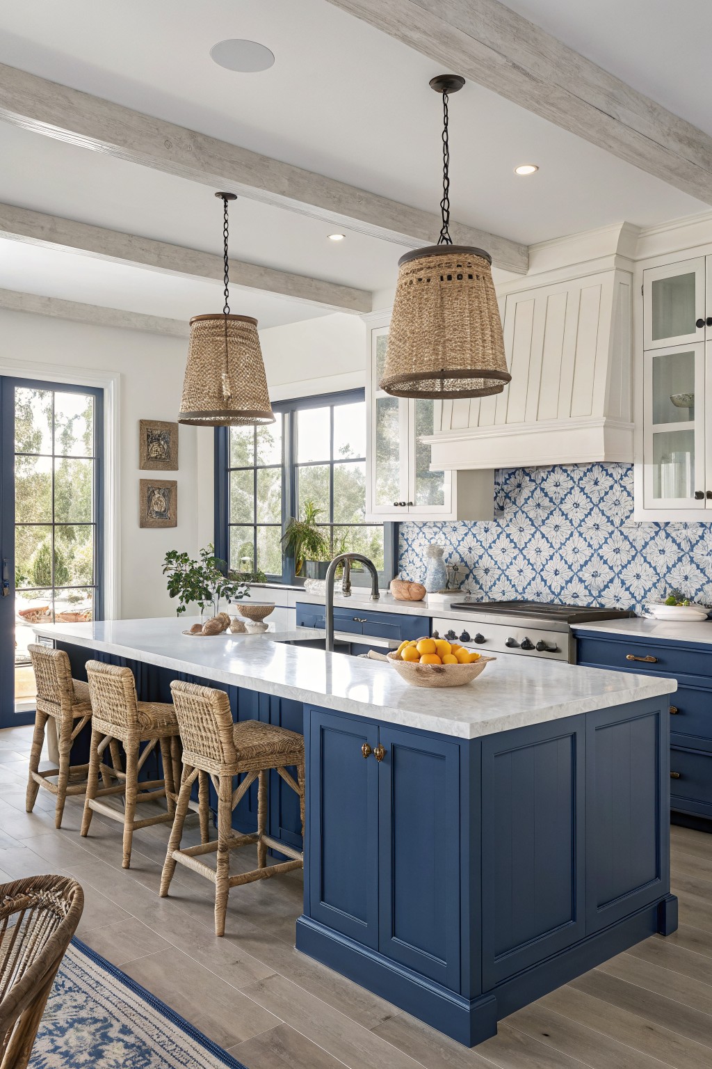 Kitchen with deep navy blue island cabinets, white quartz countertop, rattan barstools, blue tile backsplash, and white upper cabinets under exposed beams