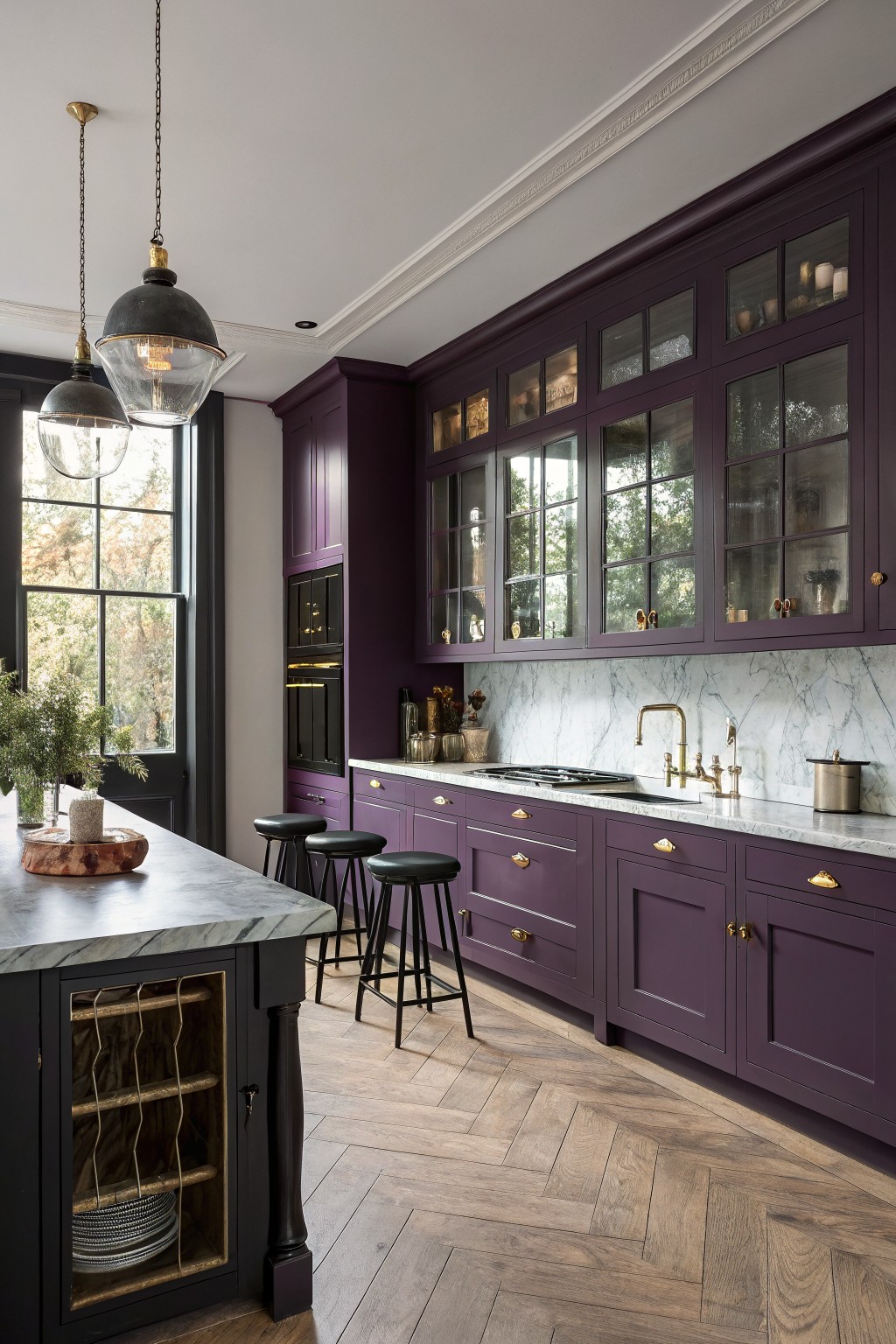 Kitchen featuring deep purple cabinets with gold pulls, marble counters and backsplash, black bar stools, and herringbone wood floors