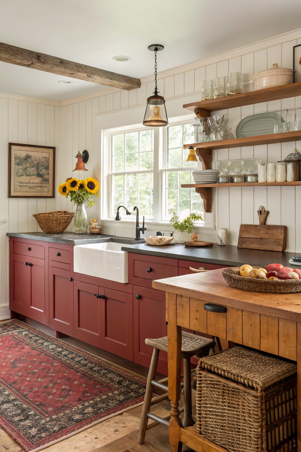 Farmhouse kitchen with deep red lower cabinets, white shiplap walls, black soapstone counters, wooden island, open shelves, and rustic accents like baskets and sunflowers.