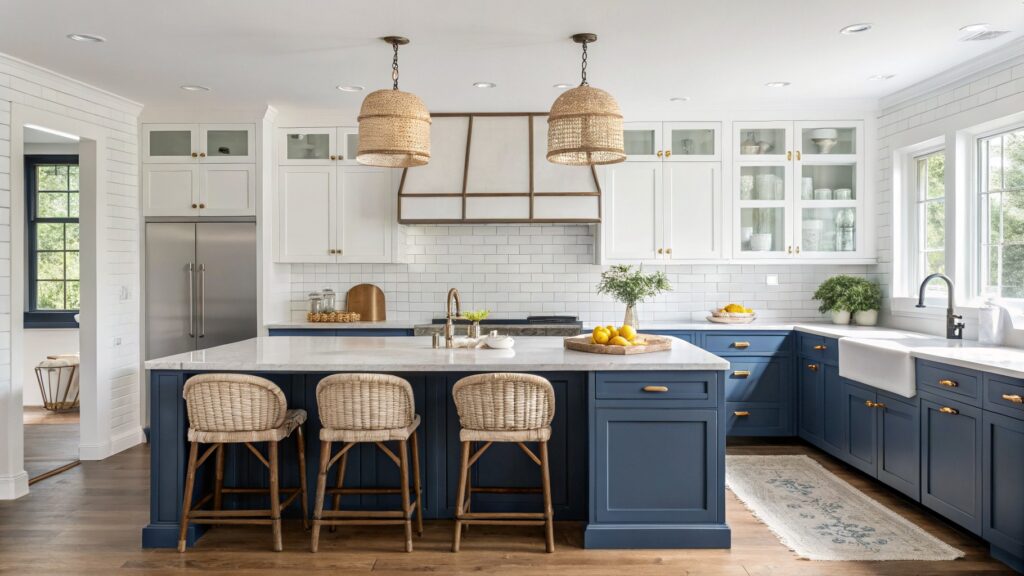 Kitchen with deep navy cabinets, white subway tile backsplash, marble counters, and wicker baskets in open storage