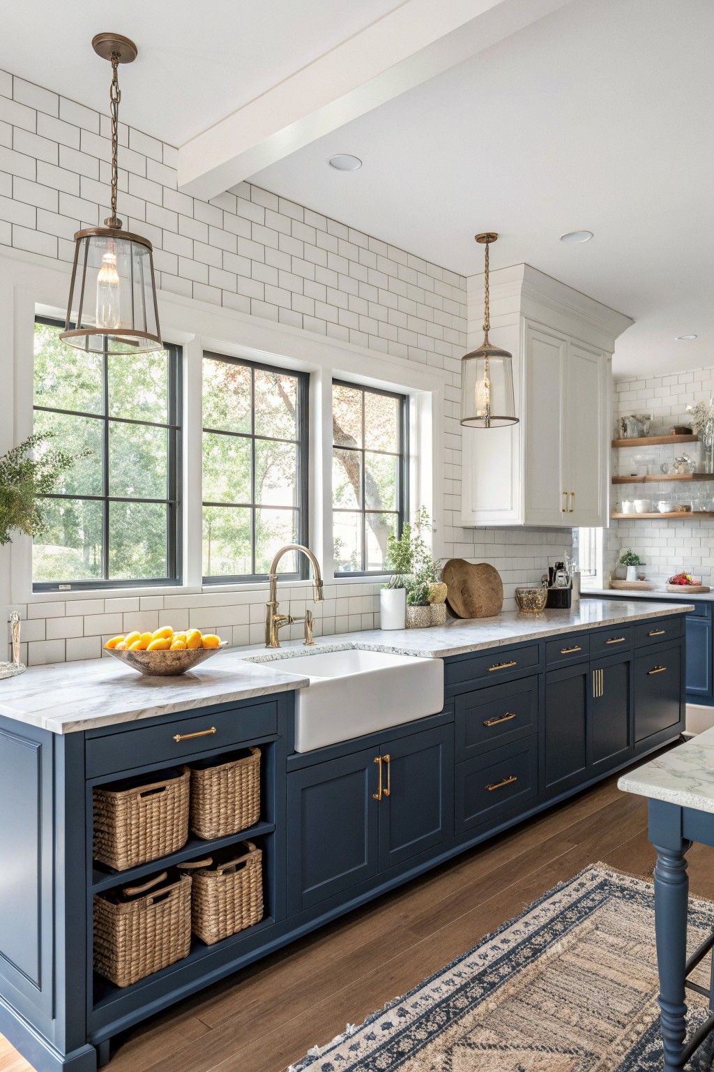 Kitchen with deep navy cabinets, white subway tile backsplash, marble counters, and wicker baskets in open storage