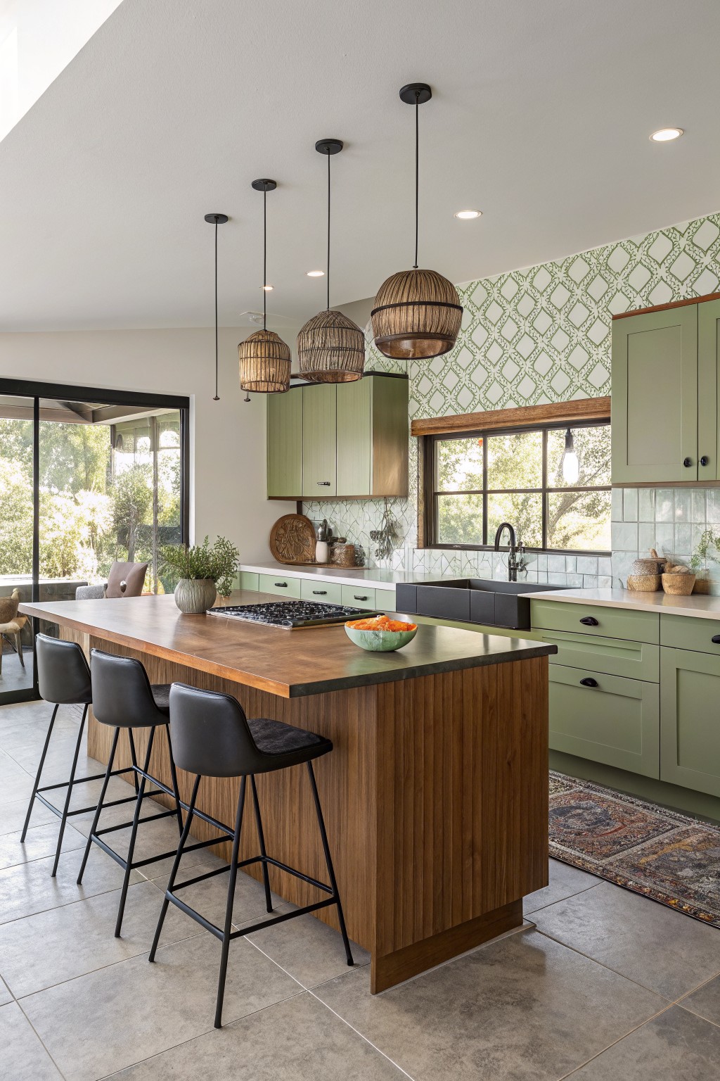 Kitchen featuring sage green cabinets, wooden island with gas cooktop, rattan pendant lights, and large windows with greenery view