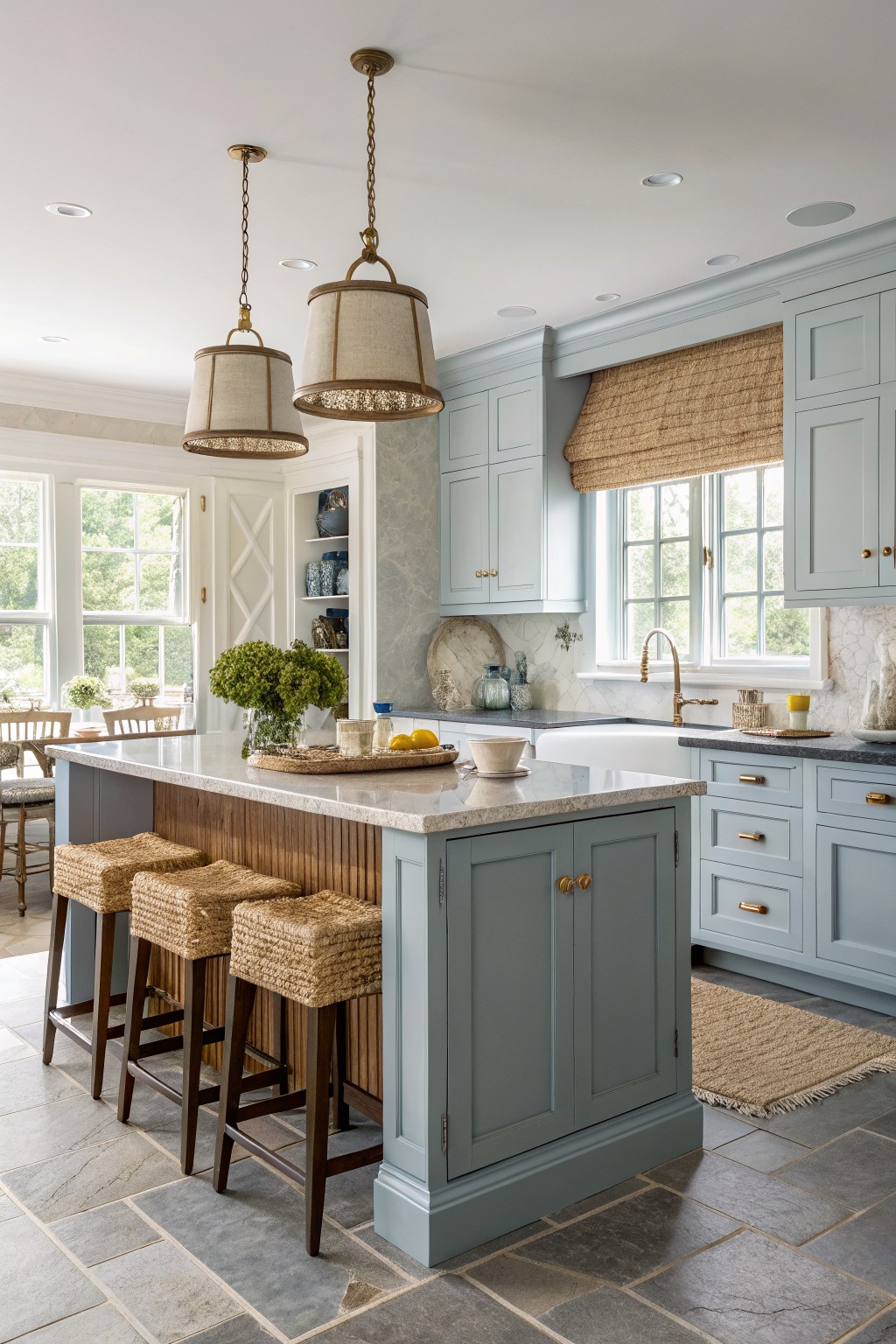 Kitchen featuring soft blue cabinets on perimeter and island, wood countertop, wicker barstools, brass pendant lights, and large windows with natural light