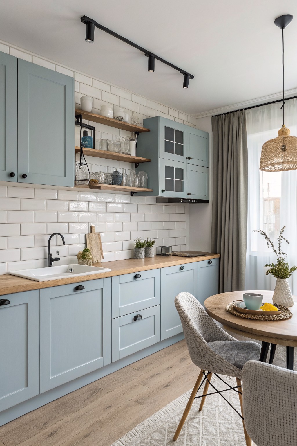 Kitchen with soft blue cabinets, white subway tile backsplash, oak counters, and woven pendant light over dining table