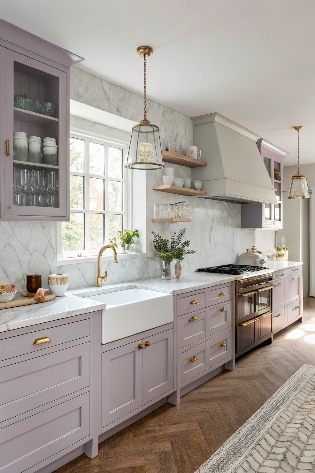 Soft lilac cabinets in a bright kitchen with white sink, marble counters, gold hardware, and wood floors