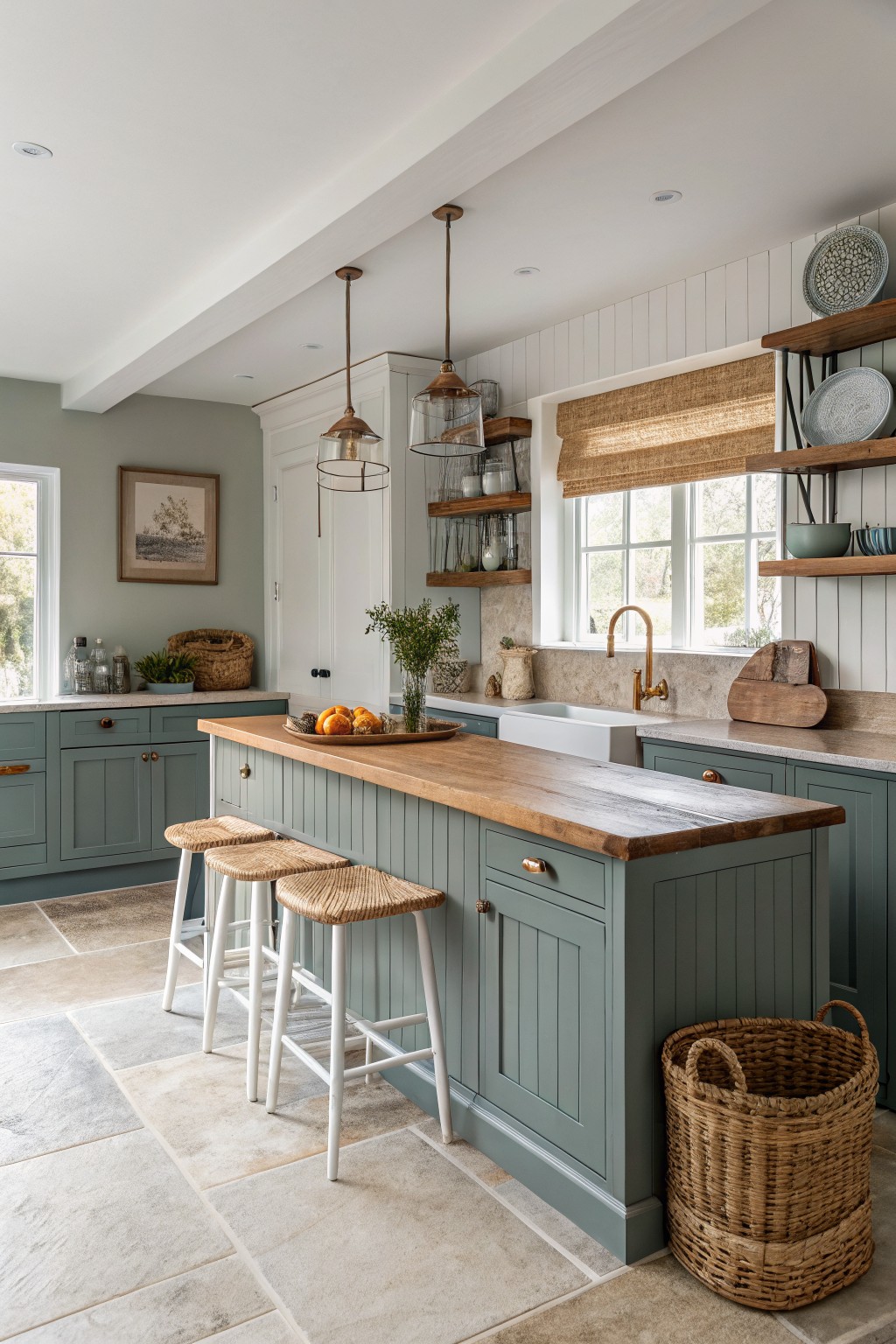 Kitchen featuring soft sage green cabinets with wooden island top, white shiplap walls, and rattan stools