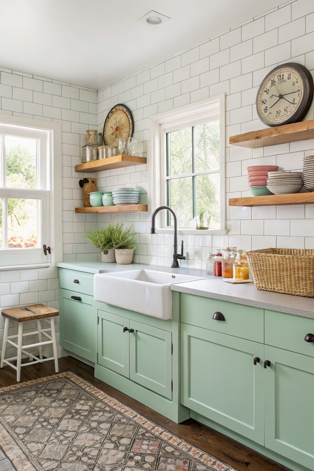 Cozy kitchen corner with soft sage green lower cabinets, white farmhouse sink, subway tile backsplash, and open wood shelves holding dishes