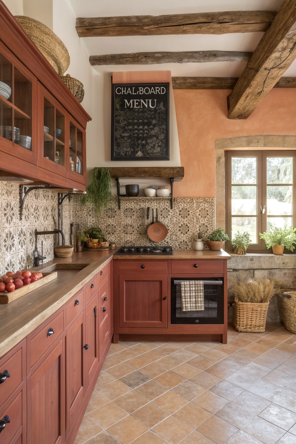 Rustic kitchen featuring deep warm red cabinets against terracotta walls and wooden beams