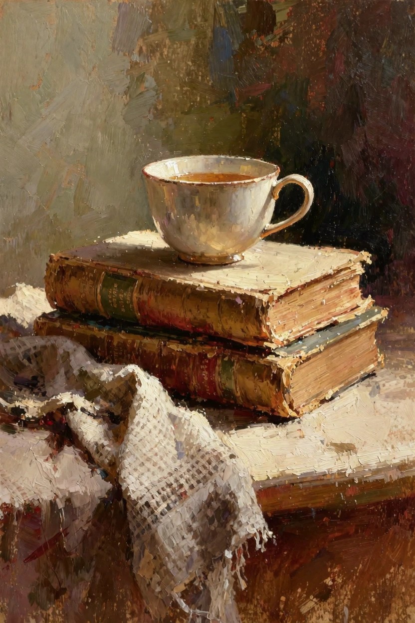 Oil painting of two stacked antique books with a white teacup of tea on top and a draped white cloth on a wooden surface.