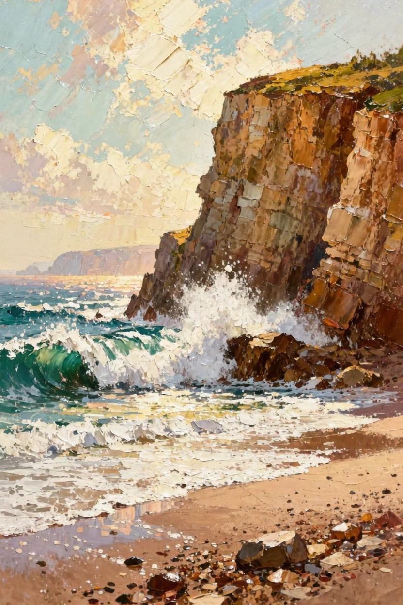 Oil painting of tall orange cliffs with green waves crashing below, a pebbly beach, distant headlands, and partly cloudy sky in warm light.