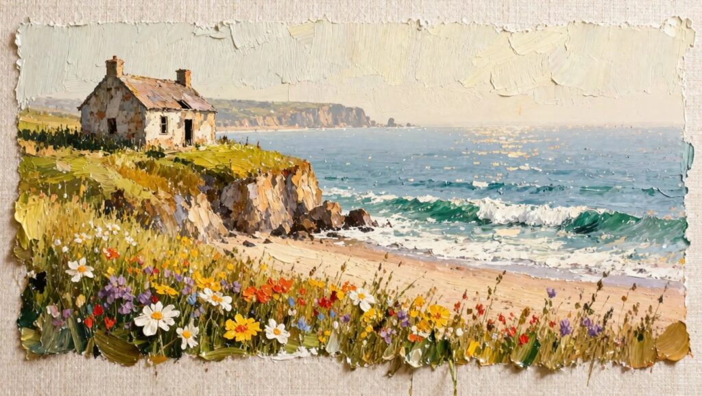 Oil painting of a rundown white stone cottage with rusty roof on a grassy cliff overgrown with colorful wildflowers, overlooking turquoise waves crashing on rocks below.