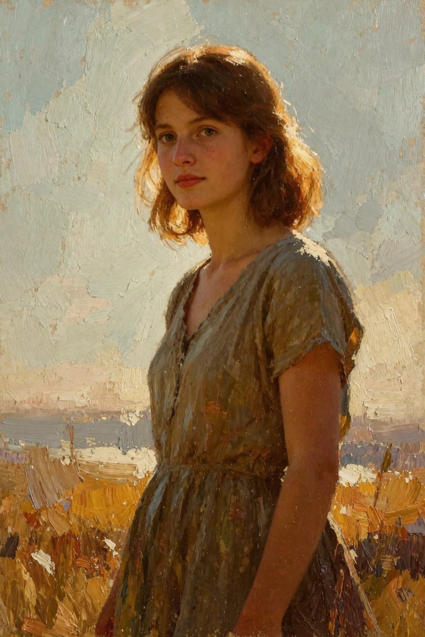 Oil painting of a red-haired woman in a beige dress standing in golden wheat fields with a sunset sky and distant horizon.