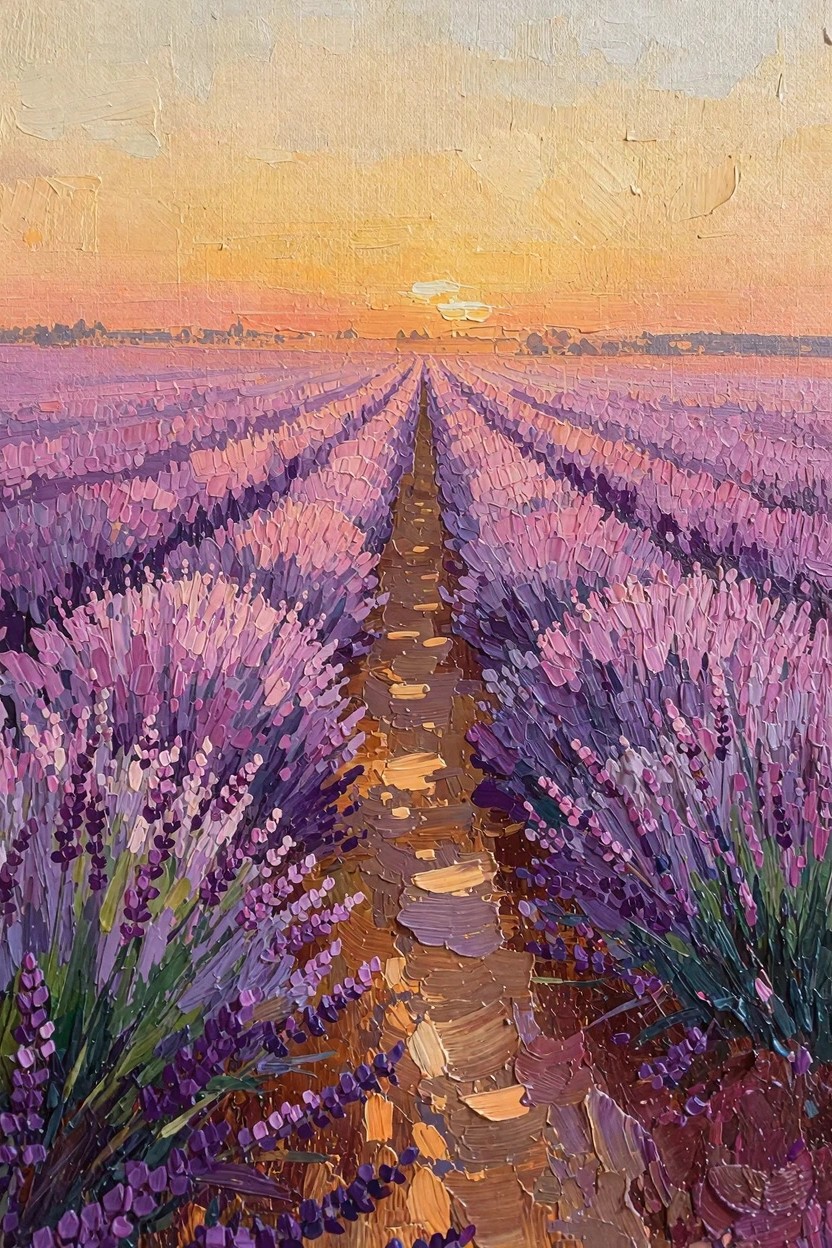 Oil painting of purple lavender rows lining a dirt path toward an orange sunset sky with textured brushstrokes.
