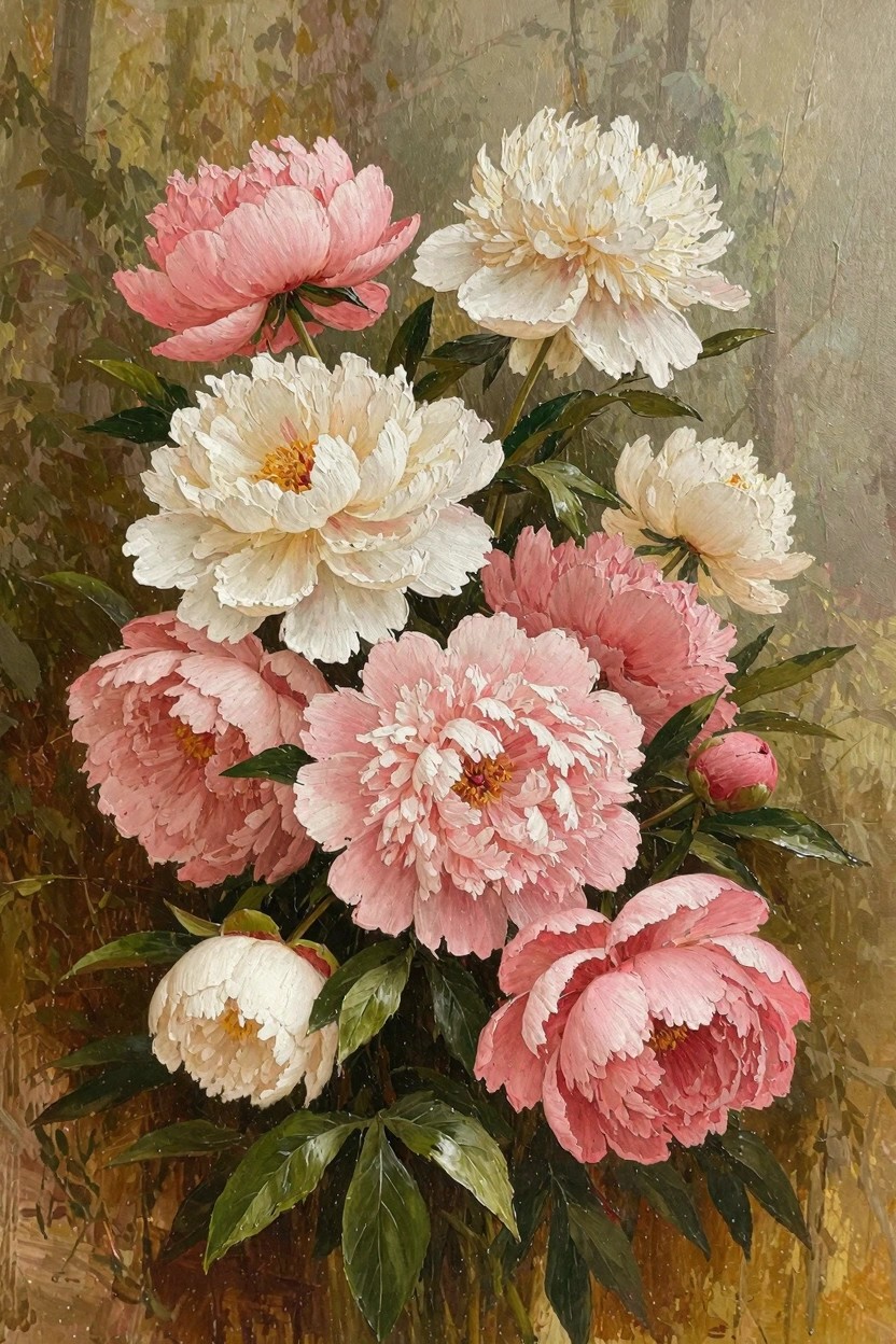 Oil painting of white and pink peonies clustered with green leaves in front of a soft green forest background.